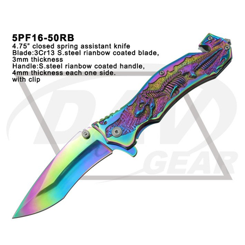 4.75"closed spring assistant rainbow coated stainless steel knife(5PF16-50RB)